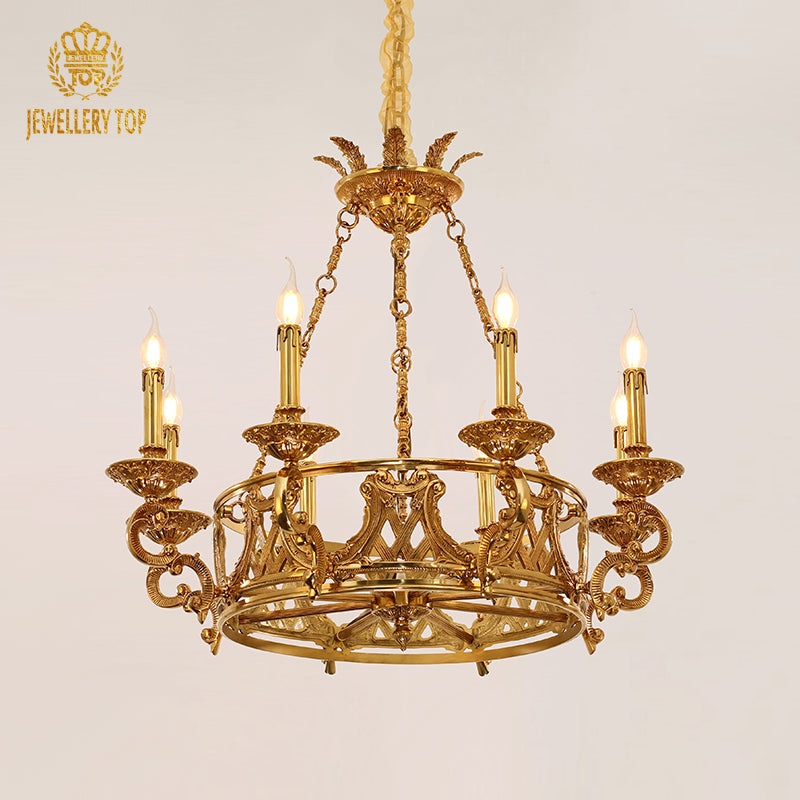 Macro close-up of the Fleur-de-lis motif on the central hub and the textured candle drip details.