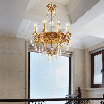 JEWELLERY TOP brand's home decorative chandelier showcasing gracefully scrolled arms and cascading crystal strands.