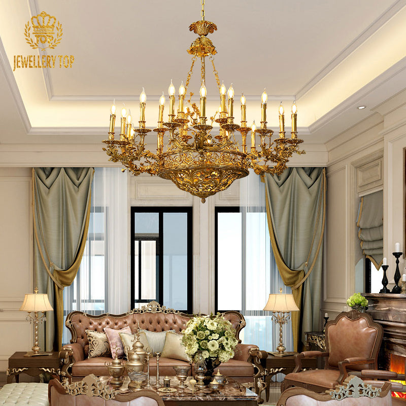 JEWELLERY TOP brand's luxury decorative chandelier showcasing intricate sculpted roses and leafy brasswork.