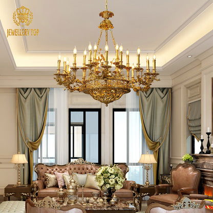 JEWELLERY TOP brand's luxury decorative chandelier showcasing intricate sculpted roses and leafy brasswork.