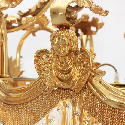 Macro close-up of the finely detailed putti (cherub) bust and the surrounding acanthus leaf metalwork.