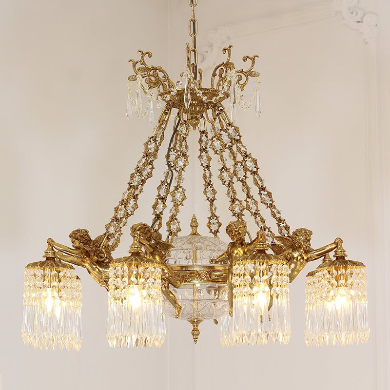 A six-arm brass chandelier with cherub statues and crystal strands, mounted on a white ceiling.