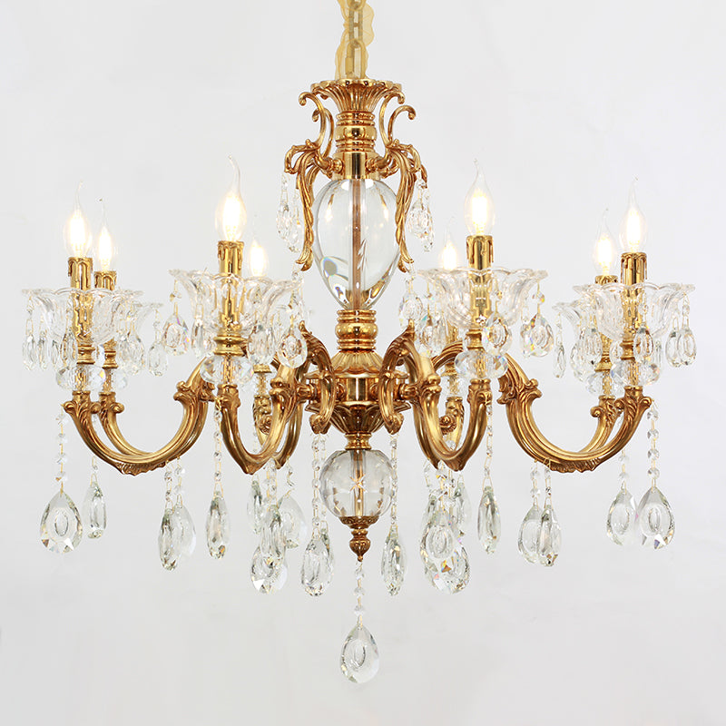 Extreme detail shot of the ornate solid brass arm with cherub sculpture and crystal embellishments.