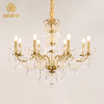 Angled perspective highlighting the symmetrical arrangement of candle-style lights and the central column.