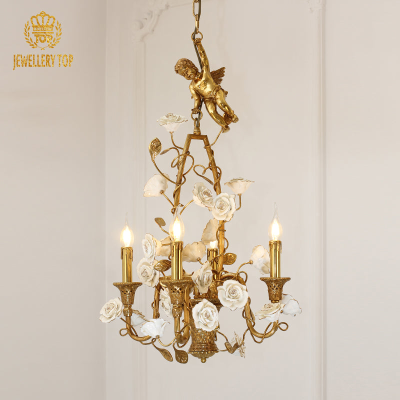 Angled perspective highlighting the five-light candelabra structure and the intricate porcelain petal details.