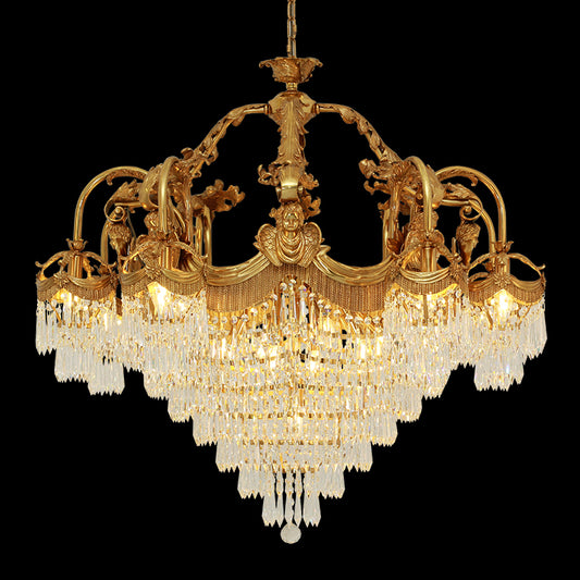 The Three Graces Lumière brass and crystal chandelier, full view on black background.