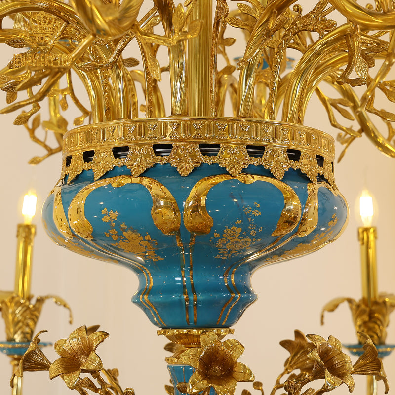 Jewellery Top Rococo Turquoise Porcelain Floral Brass Chandelier - French Baroque Brass Chandelier Lighting