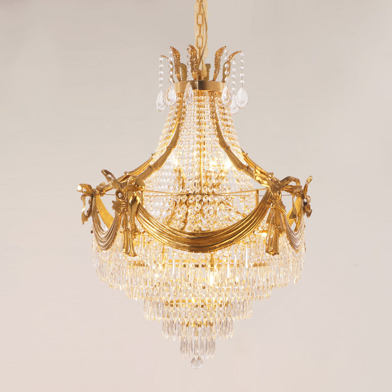 Detailed perspective highlighting the symmetrical design and multiple layers of hanging crystal prisms.