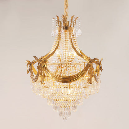 Detailed perspective highlighting the symmetrical design and multiple layers of hanging crystal prisms.