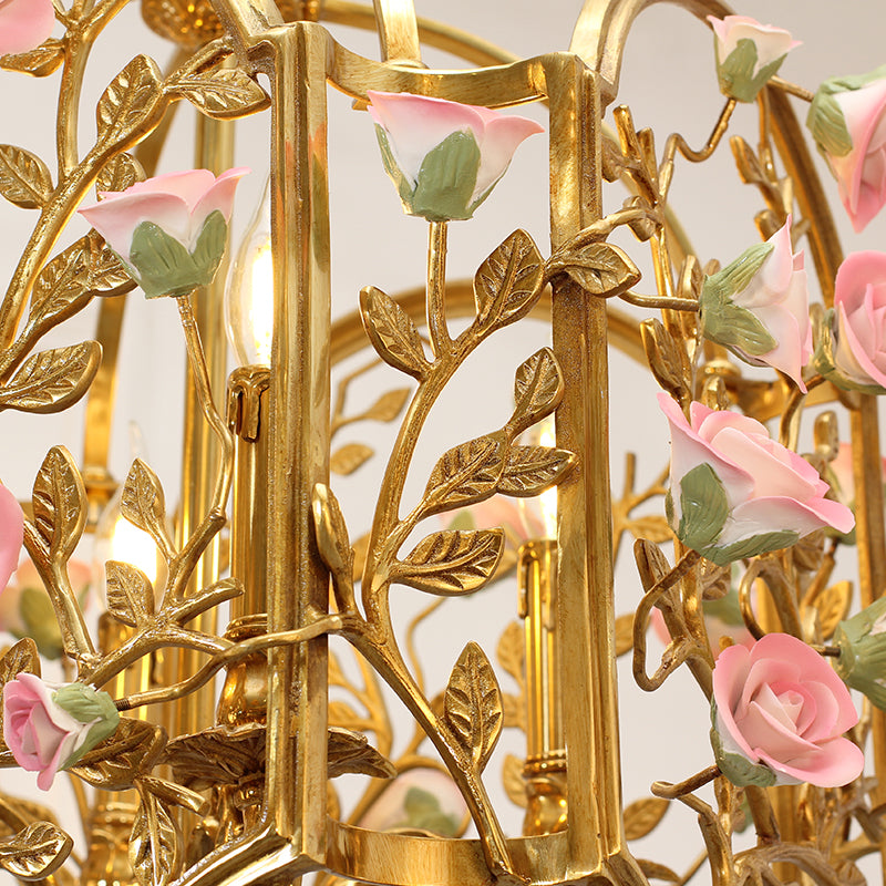 Detailed perspective highlighting the symmetrical cage structure and candle-style bulb placement.