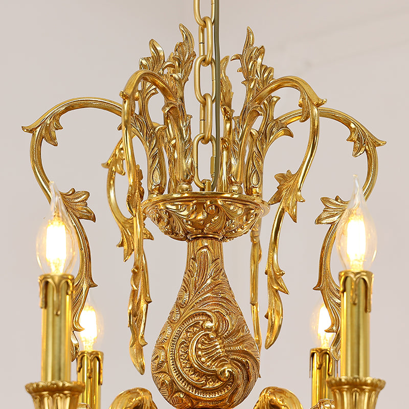 Extreme detail shot focusing on the masterful metalwork and the warm glow of the incandescent bulbs.