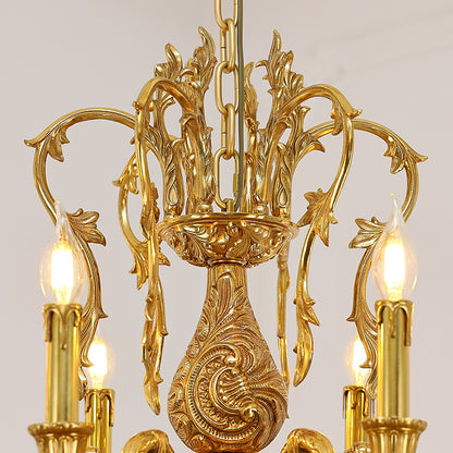 Extreme detail shot focusing on the masterful metalwork and the warm glow of the incandescent bulbs.