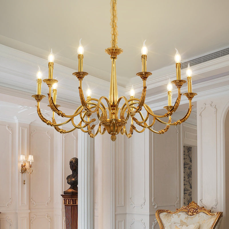JEWELLERY TOP brass chandelier installed in an elegant living room with classic decor.