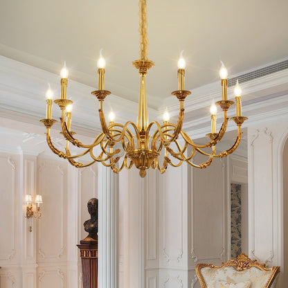JEWELLERY TOP brass chandelier installed in an elegant living room with classic decor.