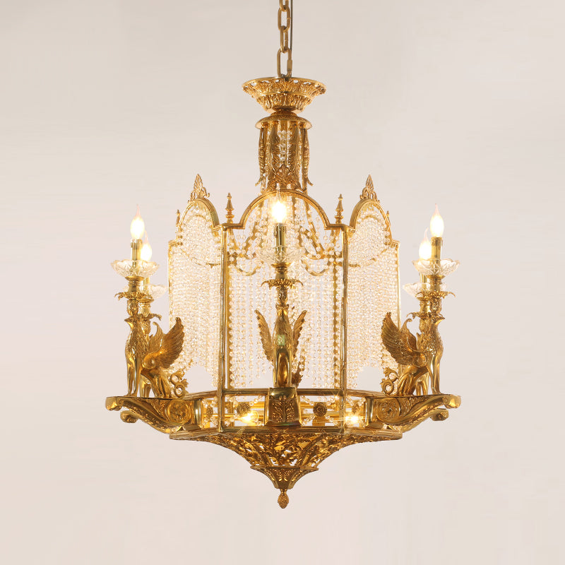 JEWELLERY TOP brand's luxury decorative lantern chandelier featuring sculpted winged griffins and crystal curtains.