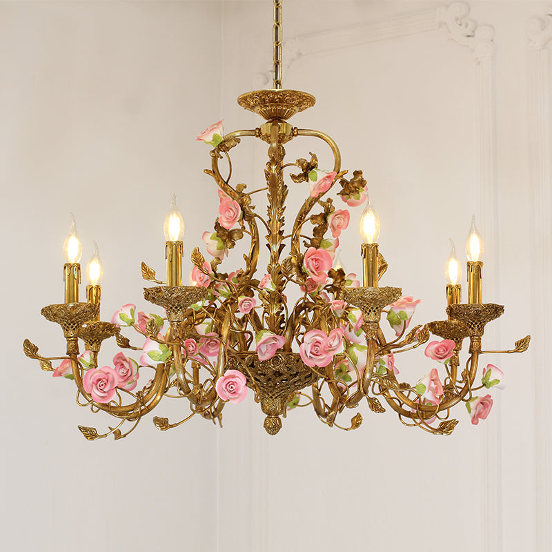 Detailed perspective highlighting the symmetrical arrangement of candle holders and blooming floral vines.