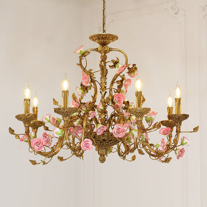 Detailed perspective highlighting the symmetrical arrangement of candle holders and blooming floral vines.