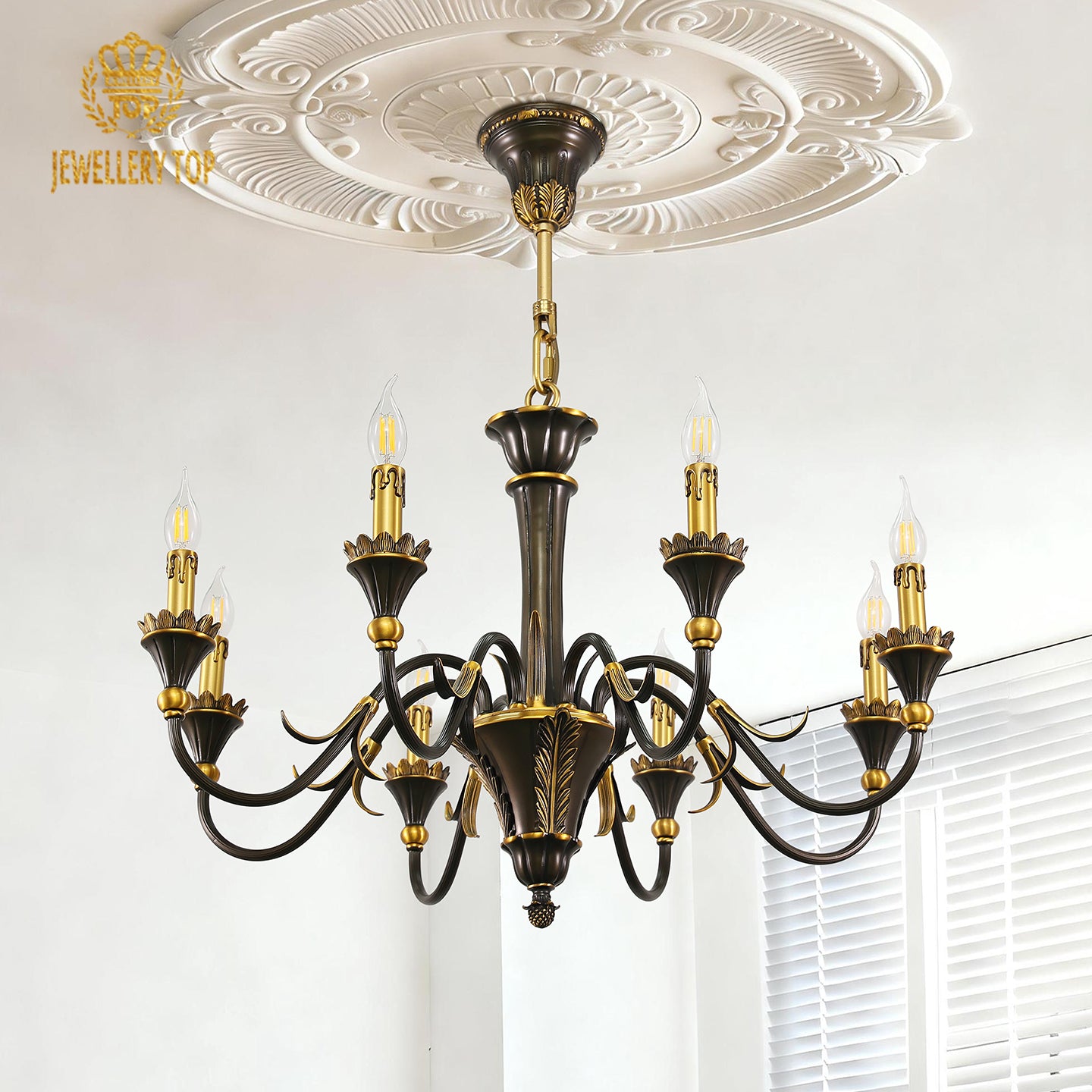 Elegant home decor brass chandelier with a central column and arched arms, JEWELLERY TOP.
