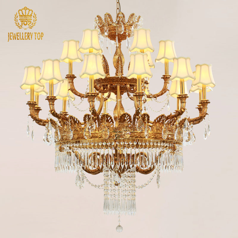 Close-up detail of a JEWELLERY TOP brass chandelier with ornate metalwork and fabric shades.