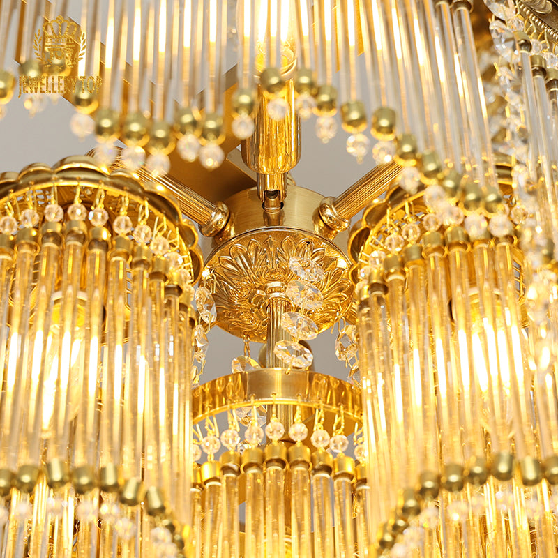 Baroque Style Sapphire Gem & Cascading Crystal Brass Chandelier