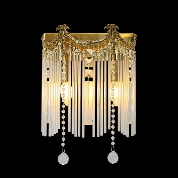 Front view of the Parisian Cascade brass wall sconce with crystal curtains and two central light columns on a dark background.