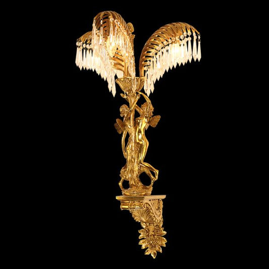 Front view of the Celestial Guardian Palm Brass Wall Sconce with angel sculptures and crystal-draped palm leaves on dark background.