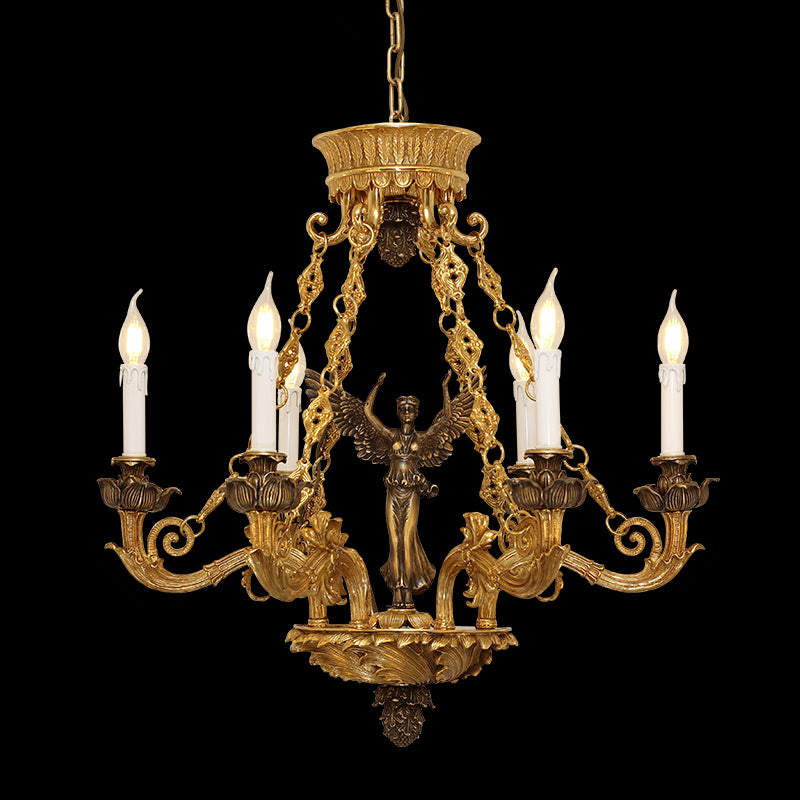 Niké's Aura brass chandelier with winged center statue and six candle arms on black background.