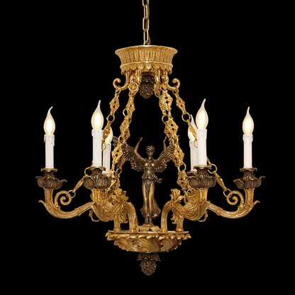 Niké's Aura brass chandelier with winged center statue and six candle arms on black background.