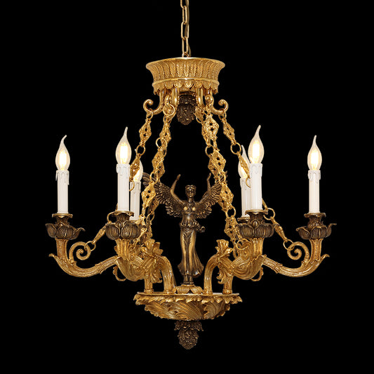 Niké's Aura brass chandelier with winged center statue and six candle arms on black background.