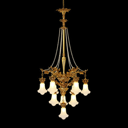 Couronne de Perles Impériale brass chandelier with pearl strands and white shades on black.