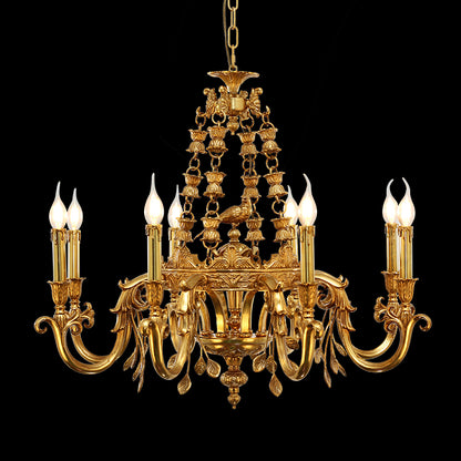 Detailed front view of the antique bronze European brass chandelier with bell decorations.