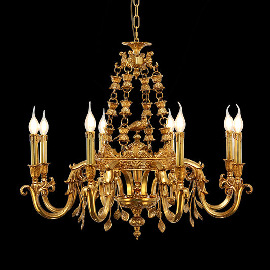 Detailed front view of the antique bronze European brass chandelier with bell decorations.