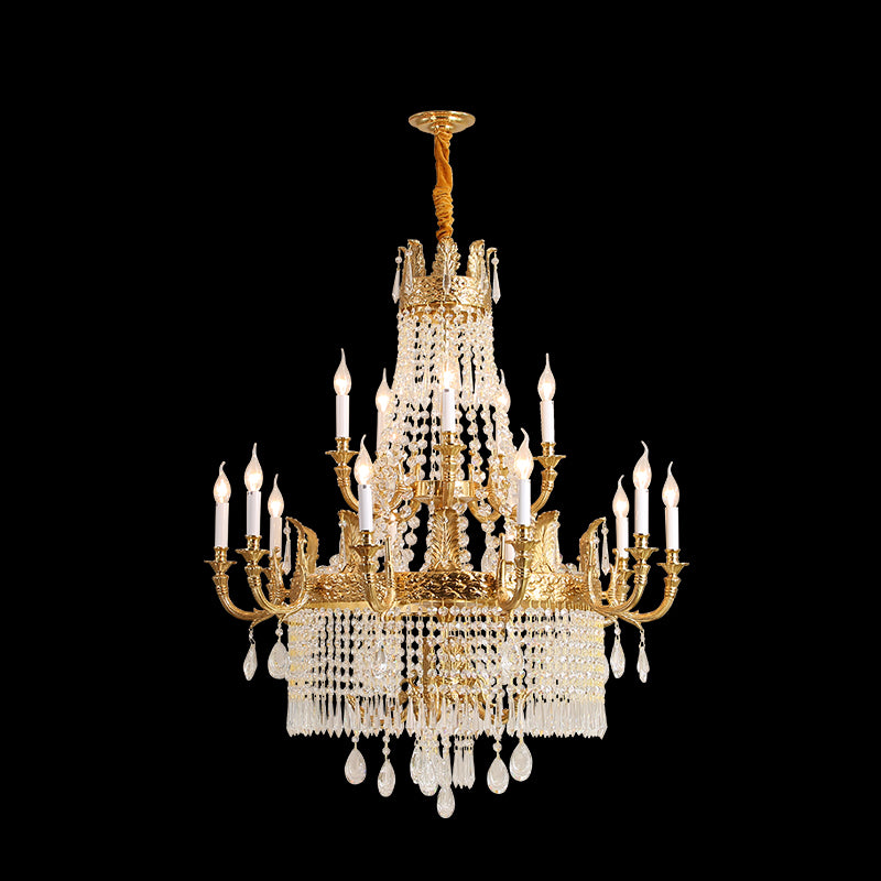 Luxury crystal and brass chandelier with a conical centerpiece, isolated on black.