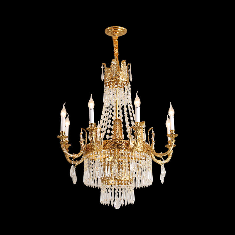 Opulent Baroque brass chandelier with S-shaped arms and sparkling prism ornaments.