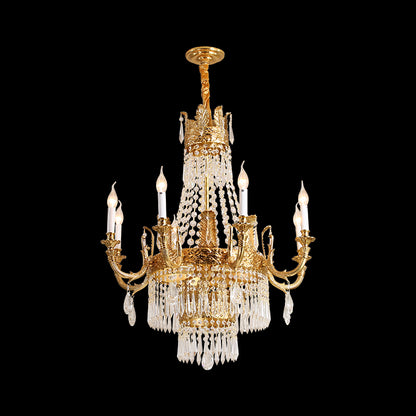 Opulent Baroque brass chandelier with S-shaped arms and sparkling prism ornaments.