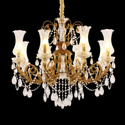 Full view of the Versailles Crystal Palace european brass chandelier with multiple glowing lights against a black background.