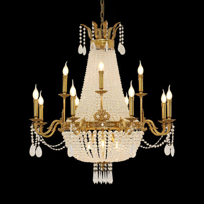 Full front view of the Galerie des Glaces Rococo brass chandelier with crystal cone on black.