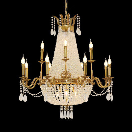 Full front view of the Galerie des Glaces Rococo brass chandelier with crystal cone on black.