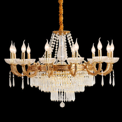 Luxury French brass crystal chandelier with arched arms and candle bulbs, isolated on black.