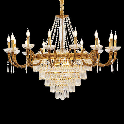 Astrée's Celestial Cascade brass chandelier with multi-layer crystal waterfall on black.