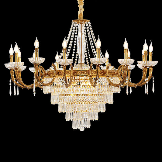 Astrée's Celestial Cascade brass chandelier with multi-layer crystal waterfall on black.