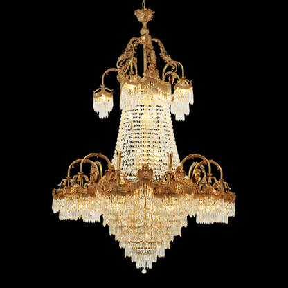 Wide angle view of the magnificent european chandelier fully illuminated, emphasizing its grand scale.