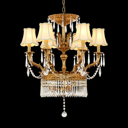 Salon de Lecture brass chandelier with ivory fabric shades and K9 crystals on black background.