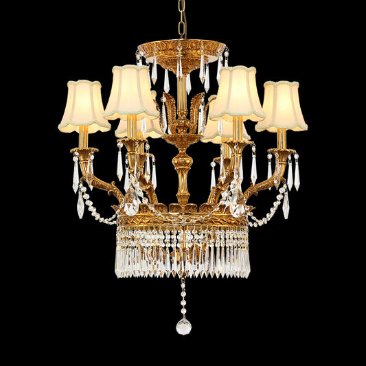 Salon de Lecture brass chandelier with ivory fabric shades and K9 crystals on black background.