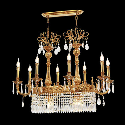 Bourbon Dynasty brass chandelier with symmetrical arms and crystal beads on black background.
