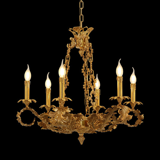 Front view of a six-arm antique bronze French brass chandelier with candle bulbs.