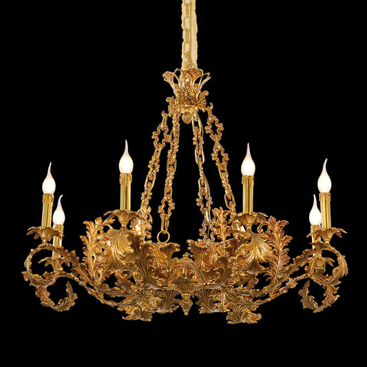 Versailles Feuillage Cierge eight-light brass chandelier with leaf engraving, isolated on black.