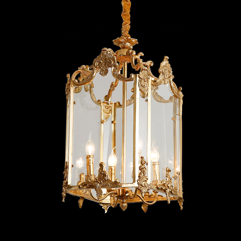 Louvre Cour Carrée classical brass pendant light on black background, featuring intricate carvings.