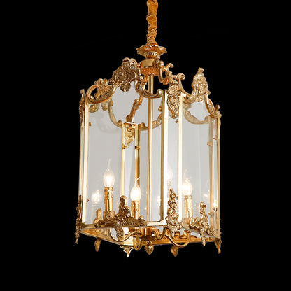 Louvre Cour Carrée classical brass pendant light on black background, featuring intricate carvings.