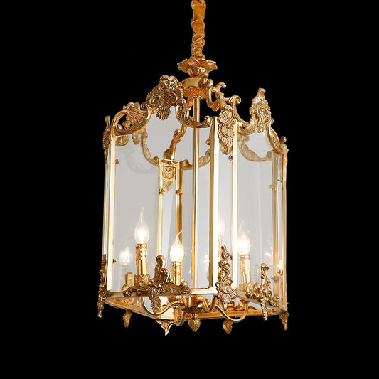 Louvre Cour Carrée classical brass pendant light on black background, featuring intricate carvings.